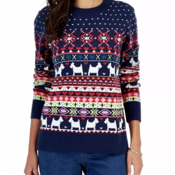 CHARTER CLUB SWEATER WOMEN'S Sz L PXL KNIT CREW NECK MULTICOLOR DOG HEART Beaded - Picture 1 of 12